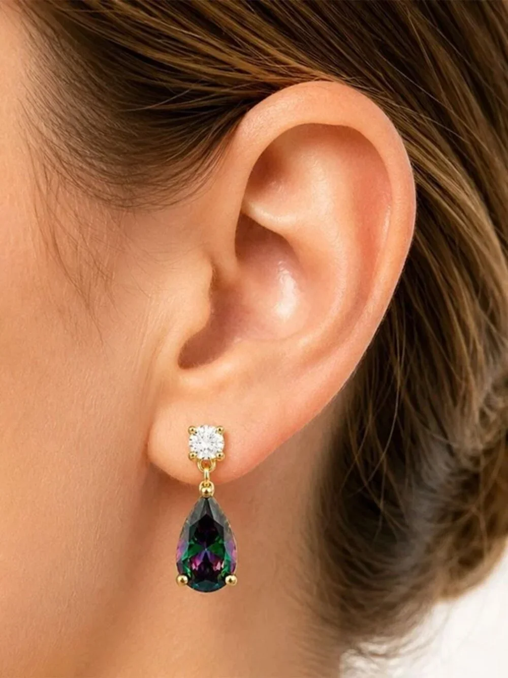 Created Mystic Topaz & W/Sapphire Earrings 14k Yellow Gold Plated (.925)